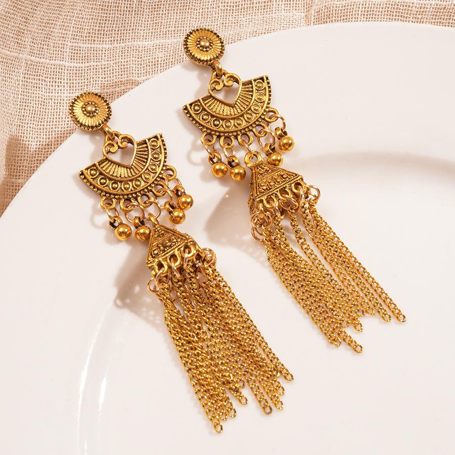 Fan-shaped Wind Chime Tassel Earrings Palace Style Light Luxury High-end Earrings for Women
