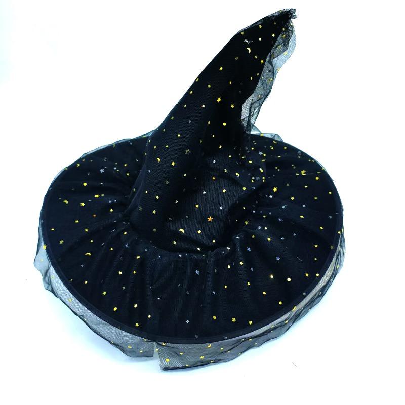 Halloween Witch Hat with Curved Brim & Crinkle Velvet, Gothic Mesh Veil for Women Warlock Costume Accessory Fabric Material