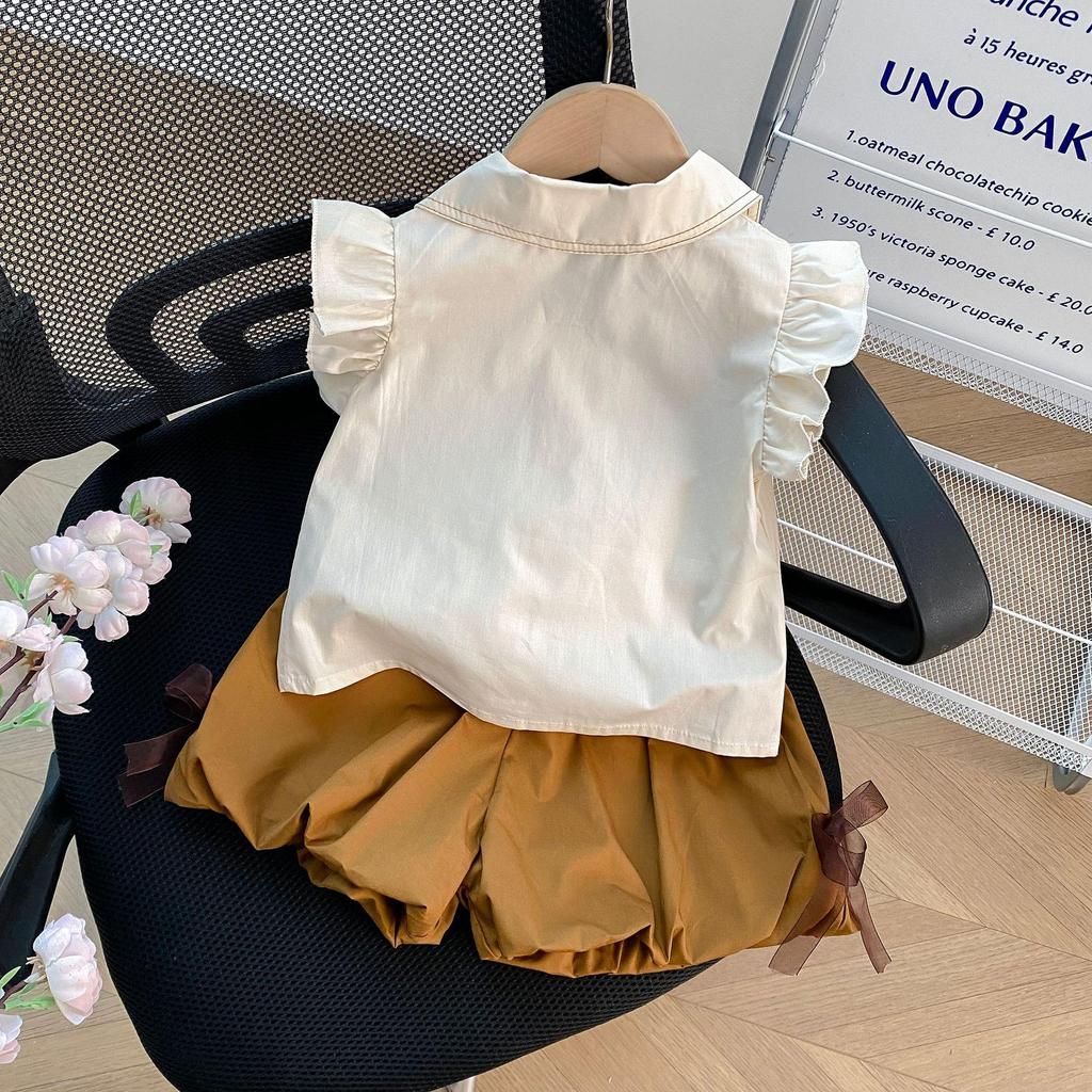 6530 Girls' Summer College-Style Two-Piece: Ruffled Sleeve Top & Floral Bud Shorts