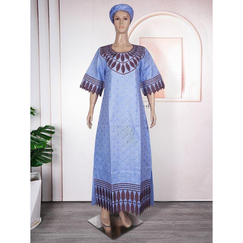 African Summer Women's Clothing Plus Size Full Craft Fragrant Figured Cloth Embroidered Robe Half Sleeve Ethnic Style Dress with Headscarf
