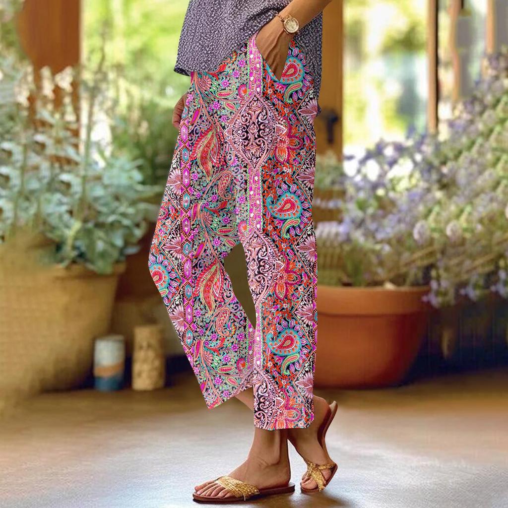 Damskie Modne Spodnie Casualowe z Kieszeniami i Elastyczną Gumką w Pasie z Kwiatowym Nadrukiem z Prostymi Nogawkami