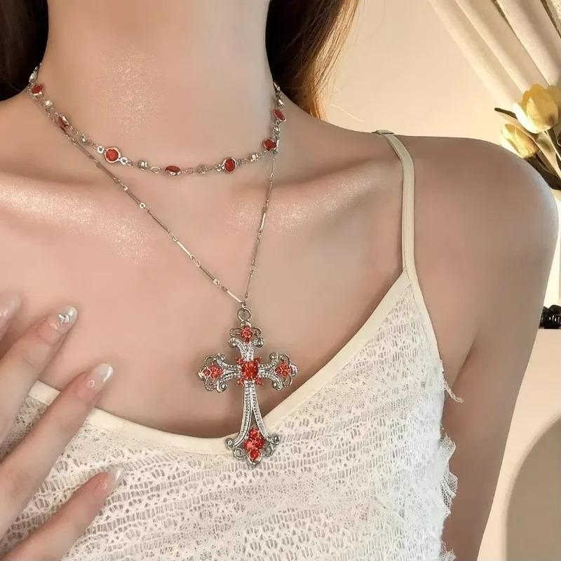 Double-layer Silver Gothic Cross Necklace for Women Gothic Jewelry Statement Necklace Red Gem Cross Pendant Choker Gifts