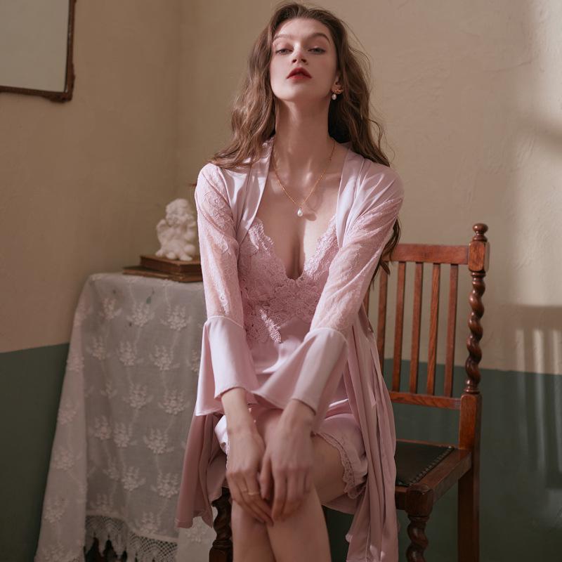 Women s Ice Silk Summer Pajamas & Robe Set - Sexy Camisole Nightgown Lingerie L