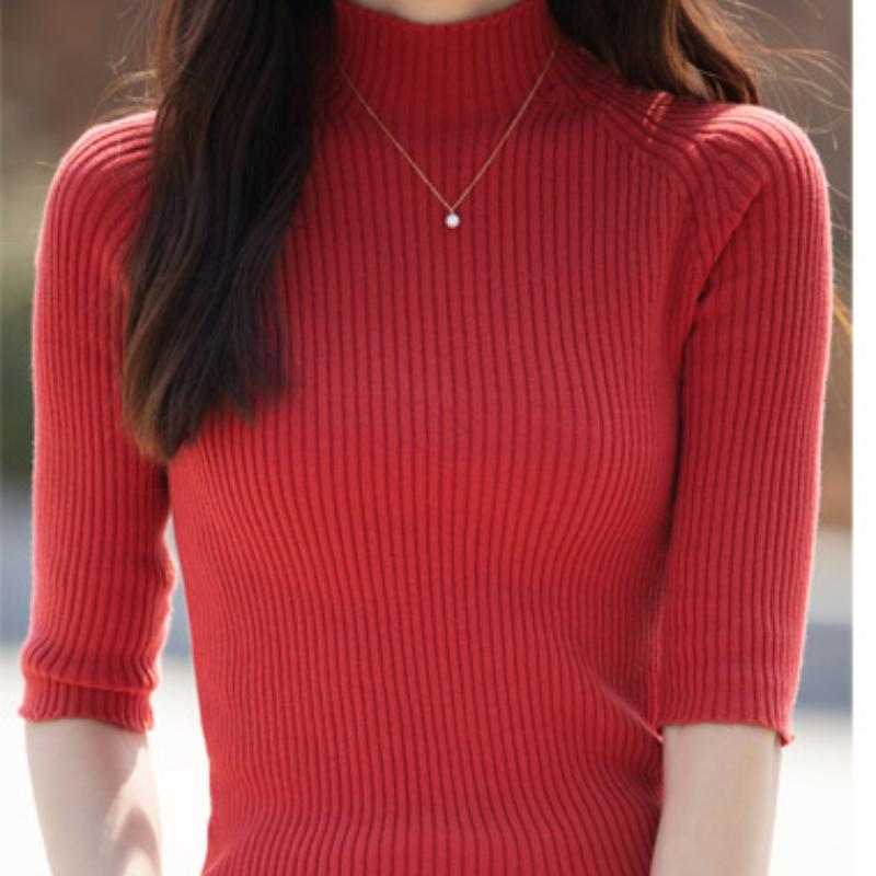 Korean Pure Cotton Mid-sleeved Sweater for Women's Summer Half-high Neck Thin Top Slim and Slim Inner Pullover Simple Half-sleeved