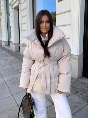 2025 Women's European & American Fashion Warm Waist-Slimming Long-Sleeve Tie-Waist Loose Solid Color Autumn/Winter Cotton-Padded Jacket.