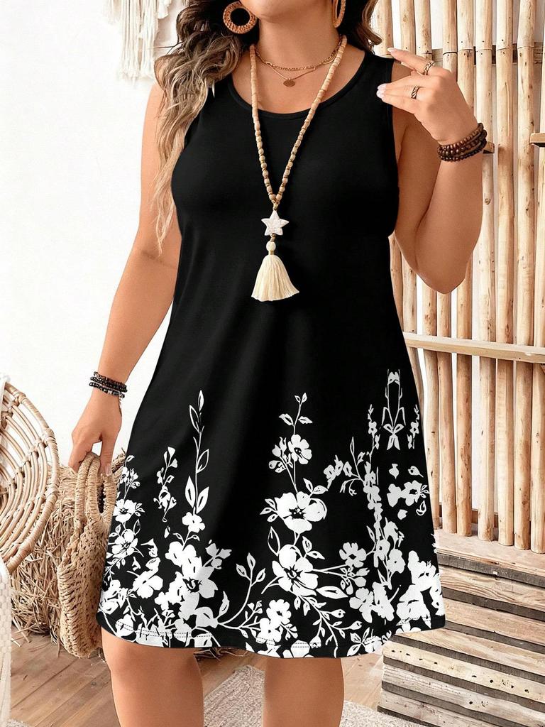 Elegantes ärmelloses Midi-Kleid mit floralem Print für Damen (Europäisch & Amerikanisch), Übergrößen erhältlich