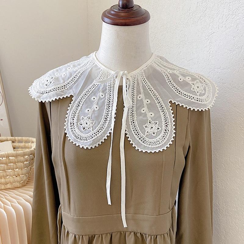 Korean Women White Cotton Fake Collar Shawl Wrap Hollow Out Floral Fish Scales Necklace Scarf Embroidery Short Poncho Dropship