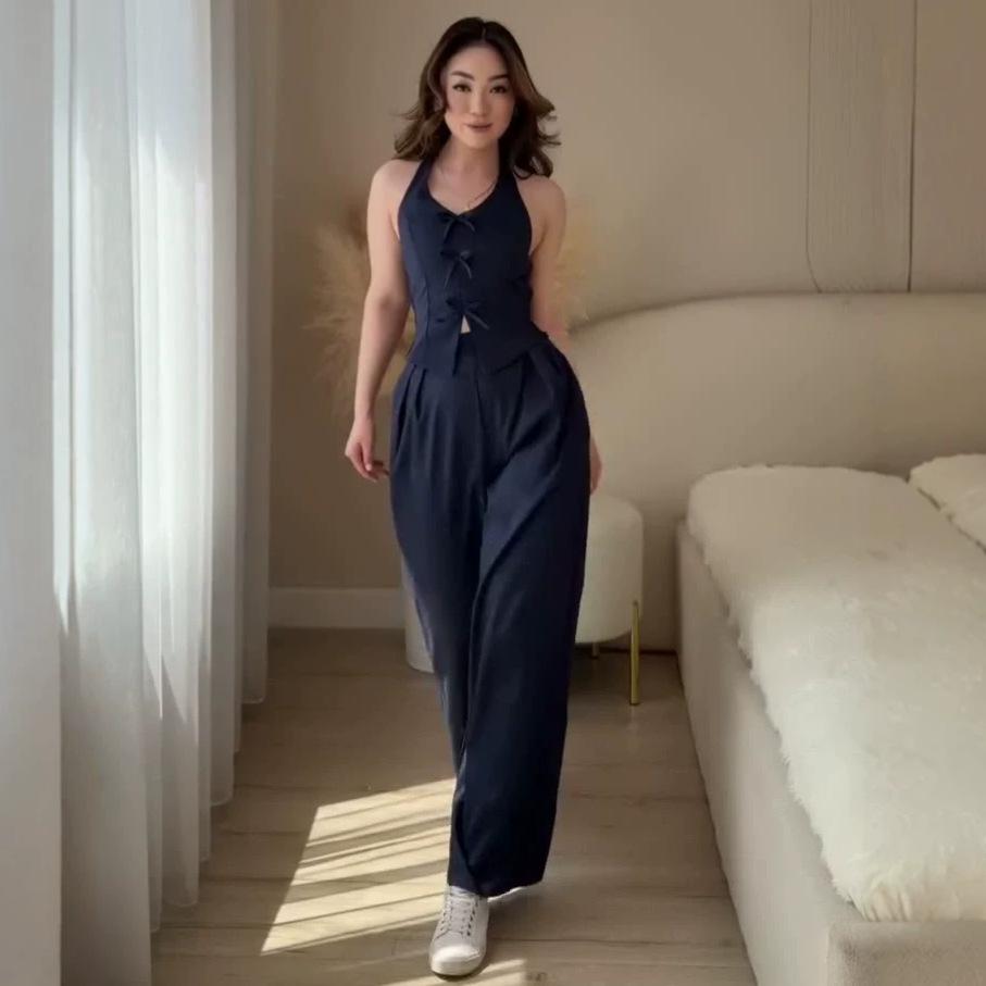 Cross-border Amazon Spring and Autumn New Women's Sleeveless Neck Tank Top Casual Wide Leg Pants Set