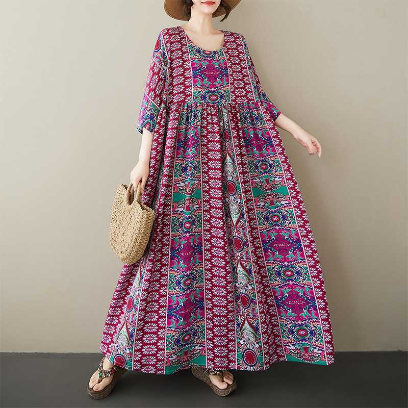 

Summer Hemp Cotton Dress Round Neck Short Sleeved Casual Skirt One size