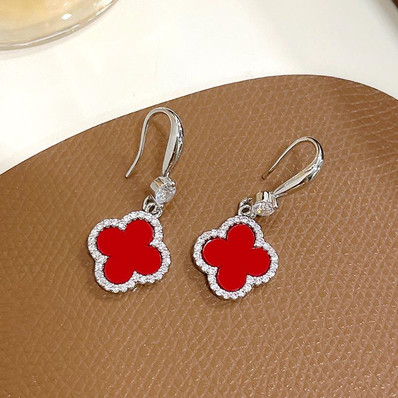 Red Four-Leaf Clover Earrings for Women - High-End, Fashionable Silver Jewelry with Chic Fragrance Style.