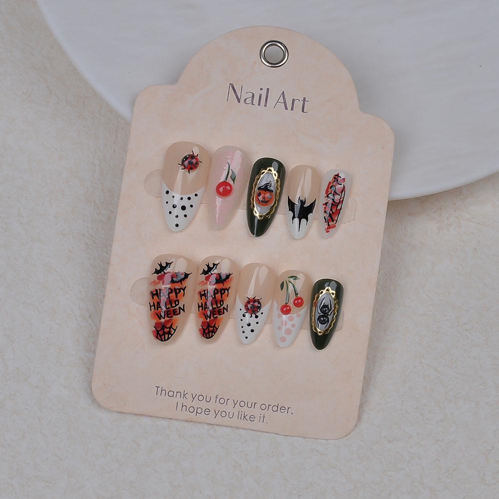 30 Pcs Halloween Almond-Shaped Pumpkin & Bat False Nails - Medium Length Party & Carnival Design