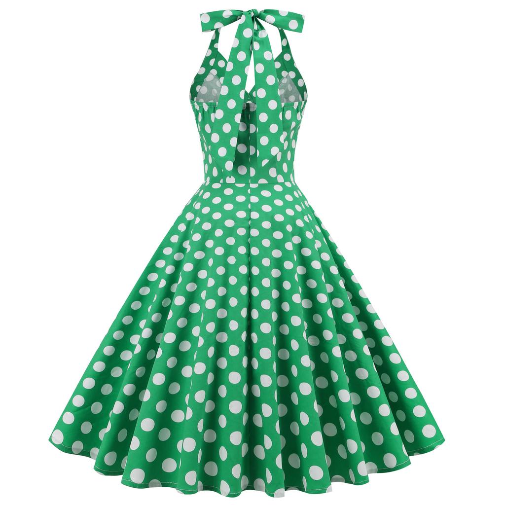 Vintage-style Women’s Polka-dot Halter-neck Dress with an Open Back and a Flared Skirt