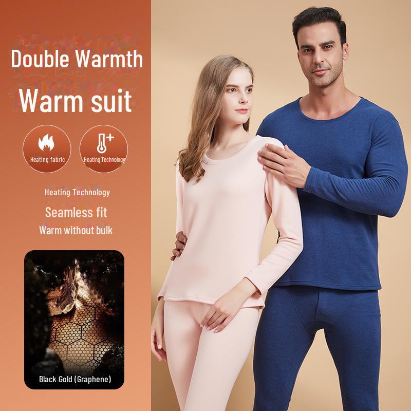"Men's Black & Gold Patch Thermal Set: Velvet-Lined Autumn/Winter Underwear"