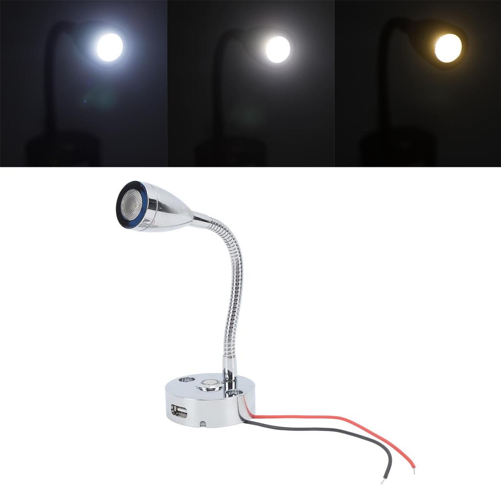 RV Reading Light LED Chrome Indoor Bedside Lamp Boat Yacht USB 3 Adjustable Light Color Touch Lamp D