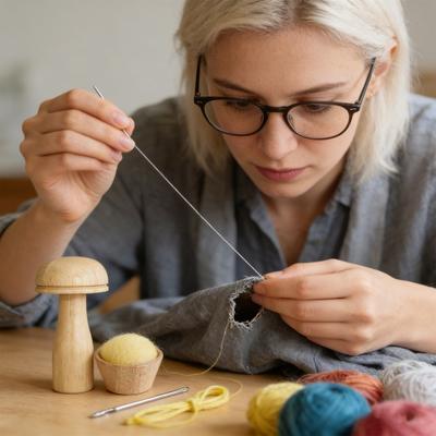 1 sada houbička na záplaty Darning Mushroom Darning Egg Dřevěný nástroj na opravu pletení Šicí nástroj s elastickou šňůrkou Jehla s velkým okem na záplaty ponožek klobouků svetrů DIY