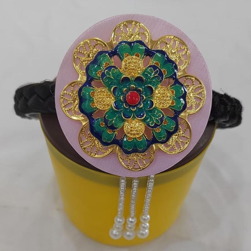 Traditional Korean Hanbok Headband for Women and Girls Blue Glaze and Faux Pearls Hair Hoop Stage Dance Hair Accessory