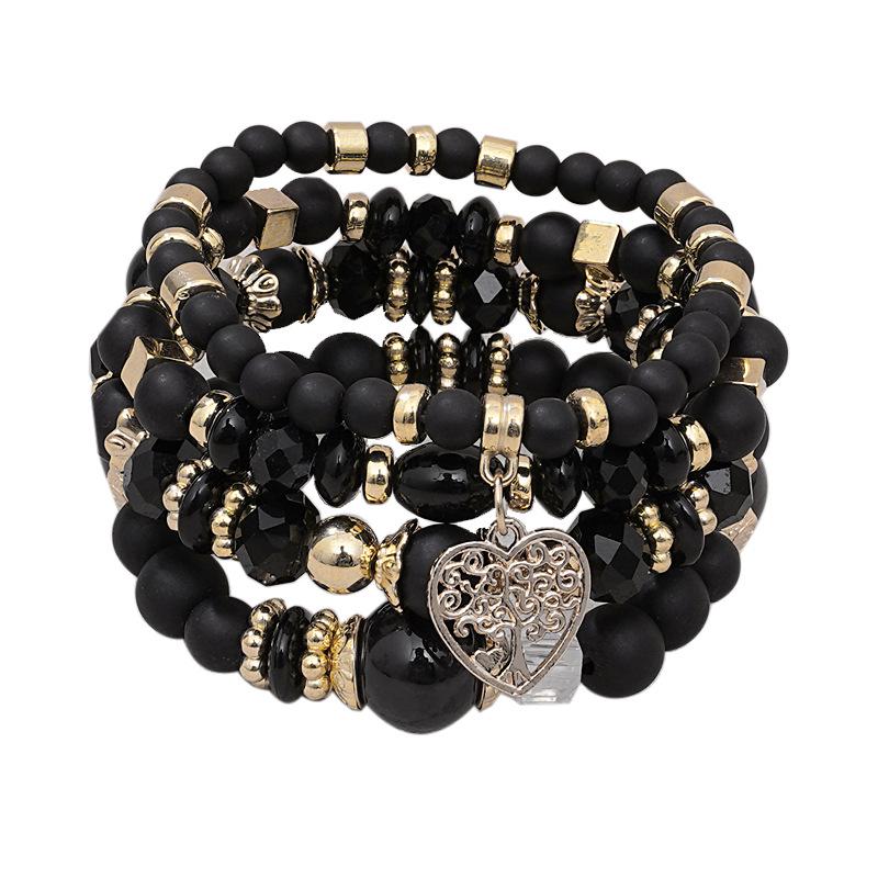 Bohemian Ethnic 4-Piece Bracelet Set: Multi-Layer Stackable with Peach Heart Tree Pendant & Acrylic Beads.