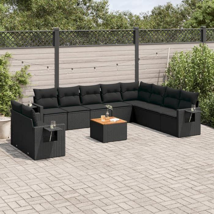 VidaXL Salon de Jardin avec Coussins 11 pcs, Canapés de Terrasse, Ensemble de Meubles de Patio, Mobilier d'Extérieur, Noir 3256965