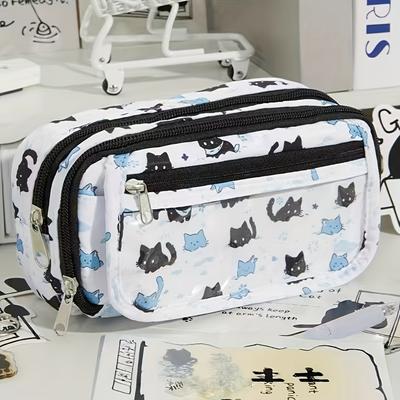 Cute Snow Kitten Canvas Pencil Case Large Capacity Stationery Organizer for Students, White with Black Cat Design Storage Bag for Office Supplies