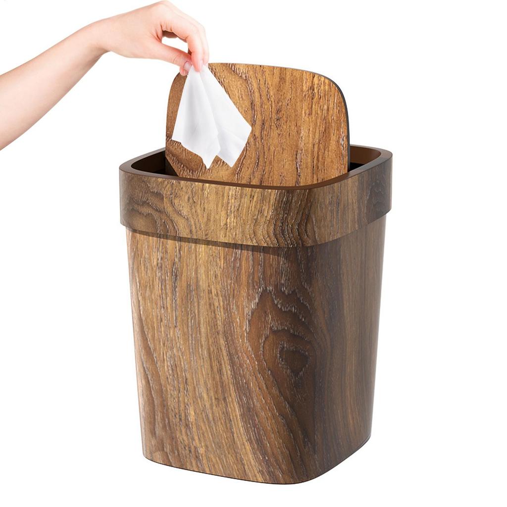 Imitation Wood Grain Trash Can Reusable Modern Rectangle Garbage Container Bin for Household Living Room Office Bathroom Kitchen