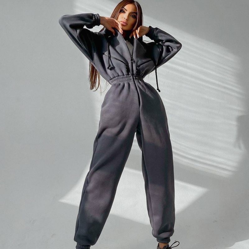 

Cross-Border 2023 Amazon EBay Athleisure Zipper Decorations Women s Hoodie Cinched Jumpsuit Suit Set Gray L