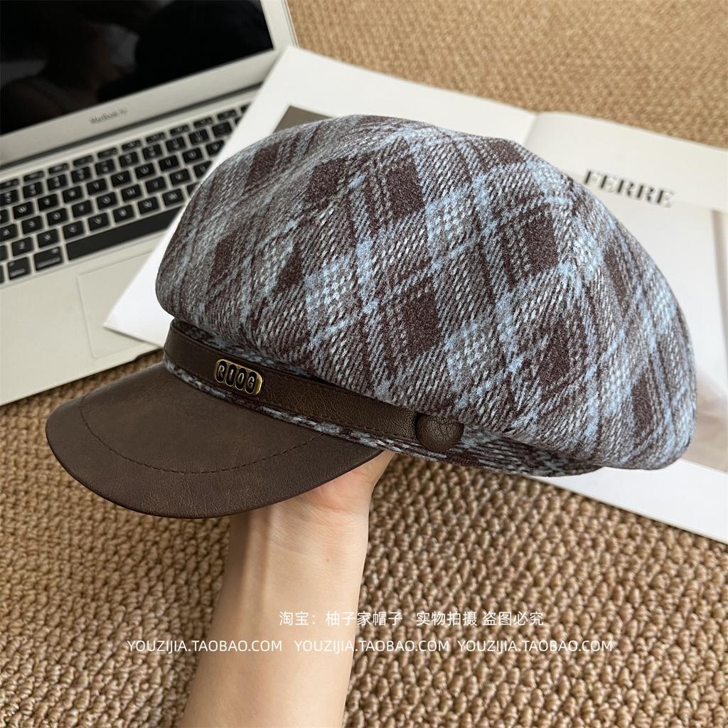 Warm Shade New Autumn and Winter Woolen Plaid Retro Beret Femininity Fashionable Versatile Octagonal Hat Hat