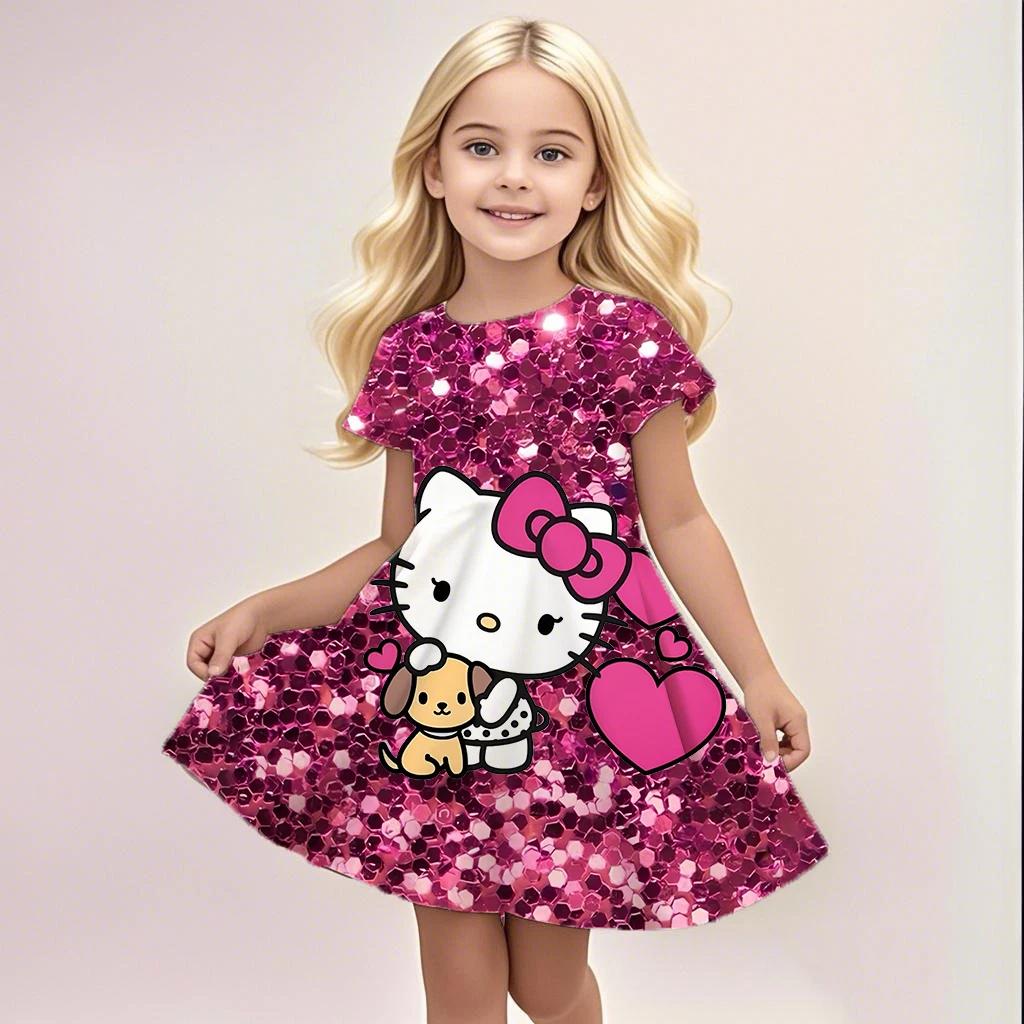 MINISO New Summer Girls Dress Hello Kitty 3D Printed Fashionable Cartoon Cute Princess Girls Clothes Skirt Party Boys Kitty Cat 100