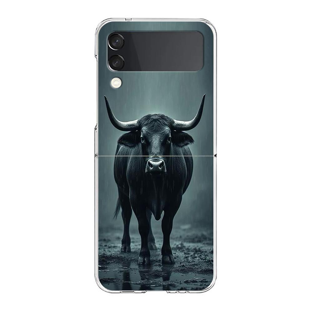 Phone Case For Samsung Galaxy Z Flip 3 4 5 Hard Folding Clear PC Bumper For Samsung Z Flip 6 Back Cover Bull Animal