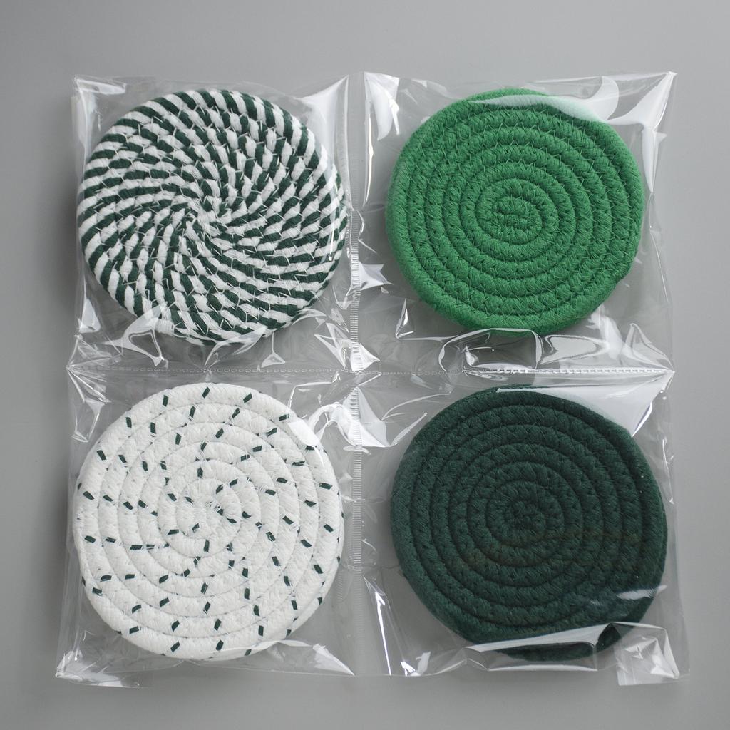 4PCS Hand Woven Circular Cotton Dining Table Placemat Coaster Kitchen Accessories Mat Cup Solid Color Coffee Drink Pad