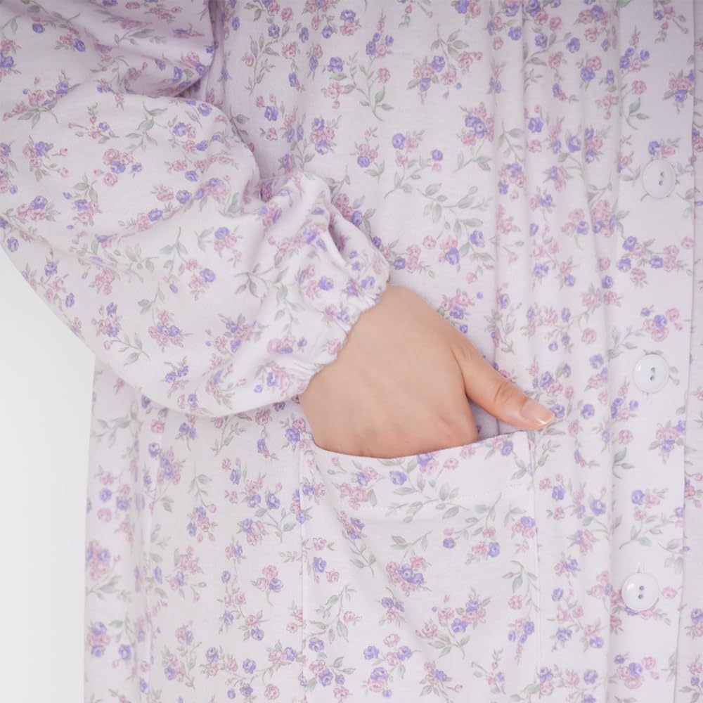 Langärmliger glatter PT Pyjama mit leicht zu stützendem Saum mit Druckknöpfen, Damen-Nachthemd, 100% Baumwolle,