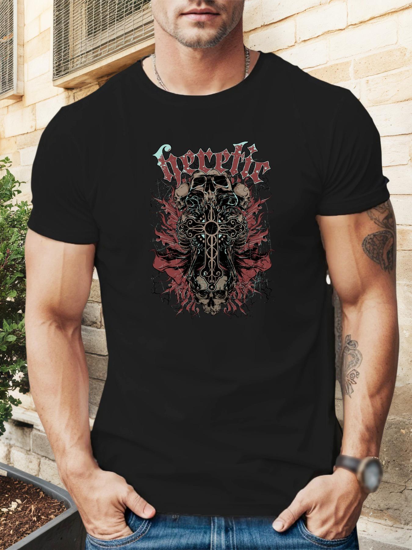 Heretic Skull & Cross Graphic T-shirt - Black with Red & White Design S