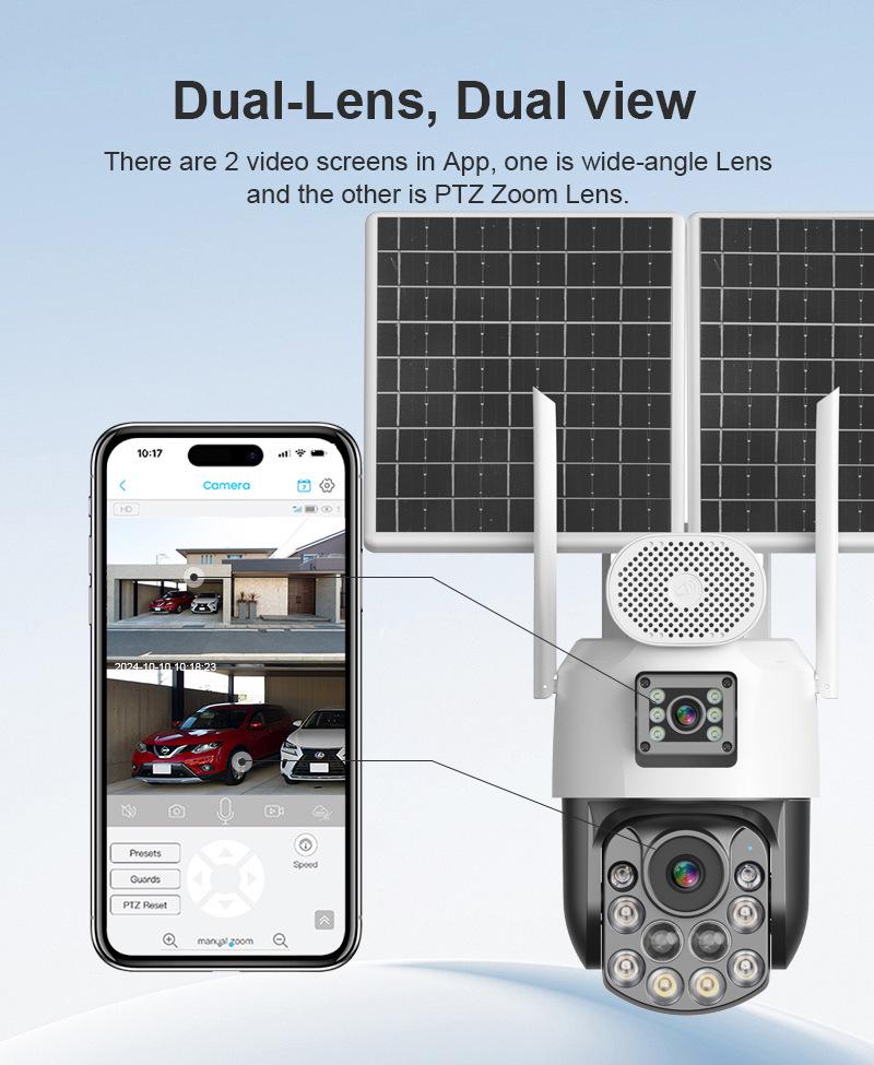 Solar Outdoor PTZ Camera with 36x Zoom & Dual-Screen Humanoid Tracking