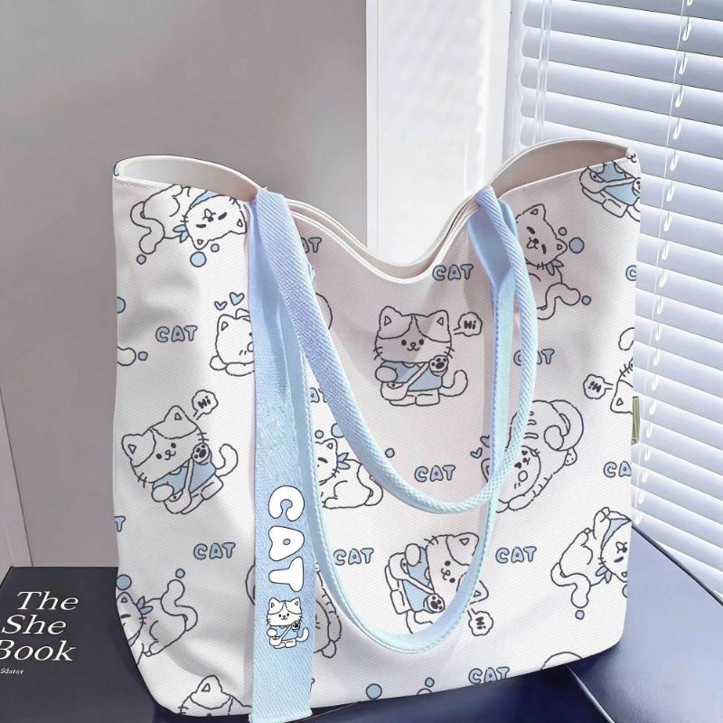 Cute Open Top Tote Fashionable Cartoon Bag for Women Versatile Canvas Shoulder Bag for Commuting