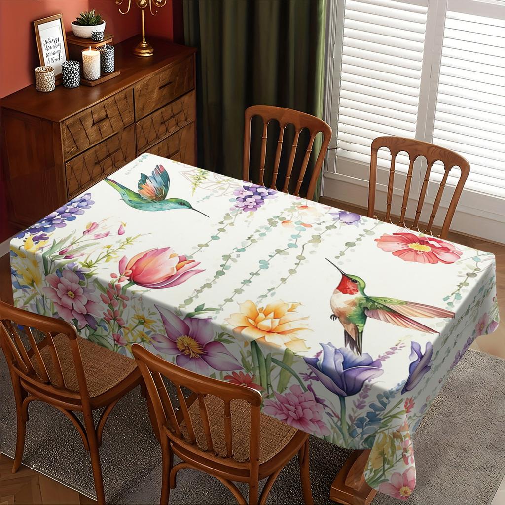 Aquarell-Blumen- und Kolibri-Muster Polyester-Tischdecke - Dekorative Tischabdeckung für Esszimmer zu Hause, Party und täglichen Gebrauch