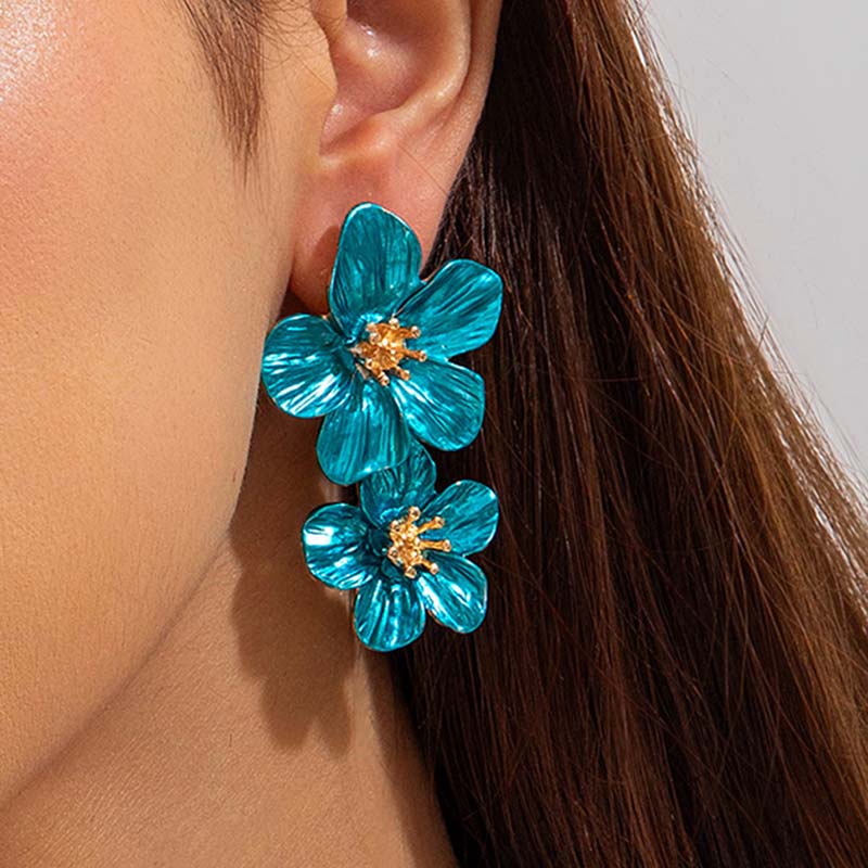 Bohemian Colorful Drip Oil Flower Pendant Earrings for Women Exaggerated Metal Long Double Flower Tassel Earrings Jewelry Gifts
