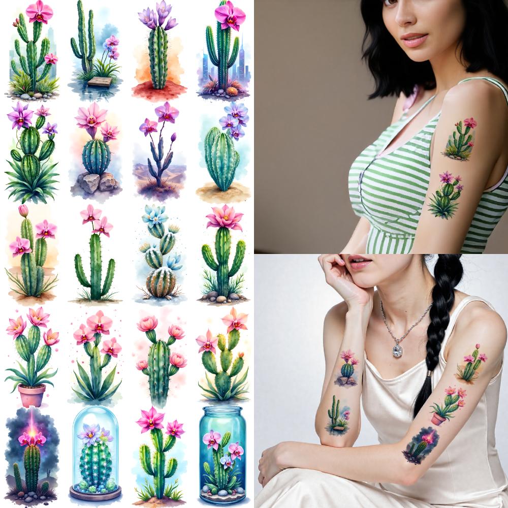 9pcs Temporary Tattoo Cactus Watercolor Watercolor Flower Temporary Tattoo Stickers For Chest Cheeks