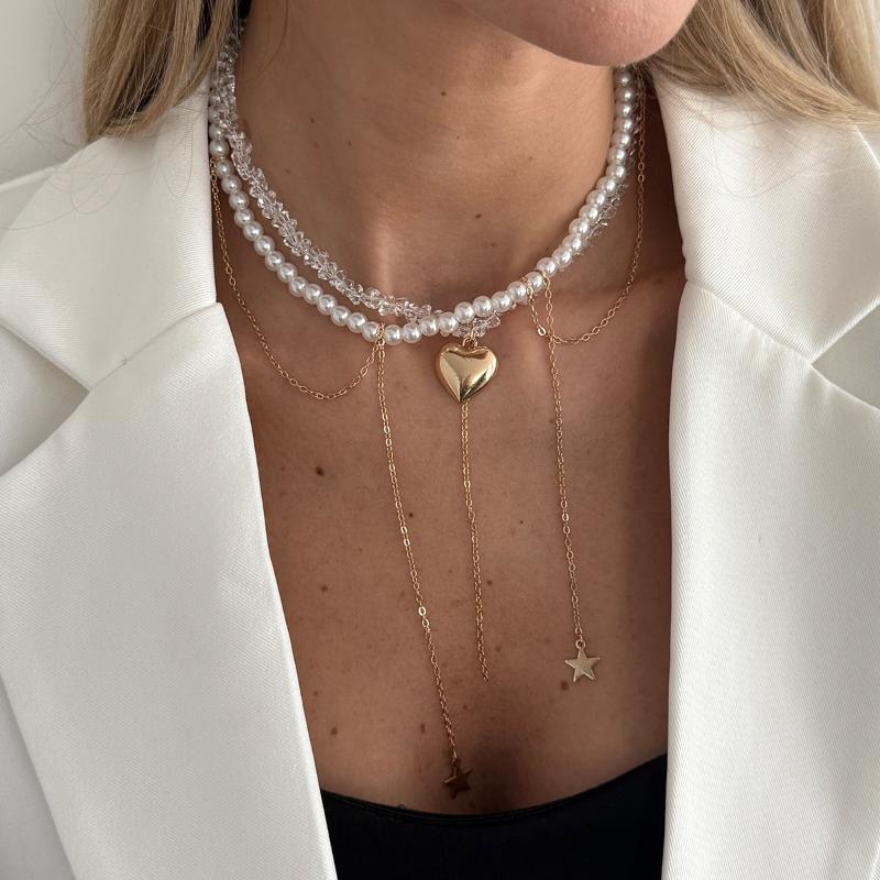 Trendy Pentagram Star Heart-Shaped Tassel Pendant Necklace Creative Multi Layer Imitation Pearl Choker