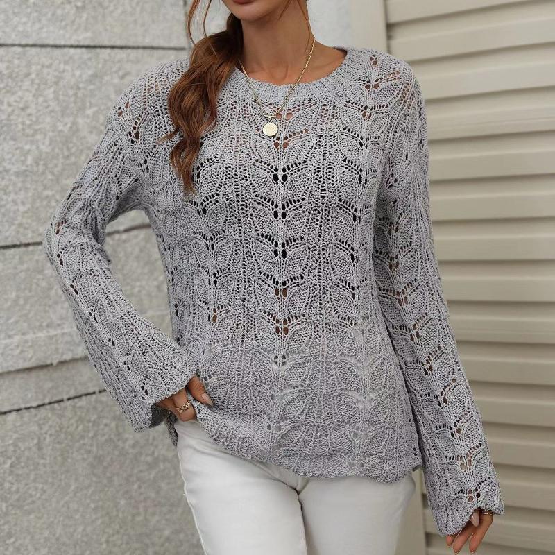 IHUASU Damen Herbst und Winter Strickpullover Einfarbig Häkeln Aushöhlen Pullover O-Ausschnitt Lockerer Pullover