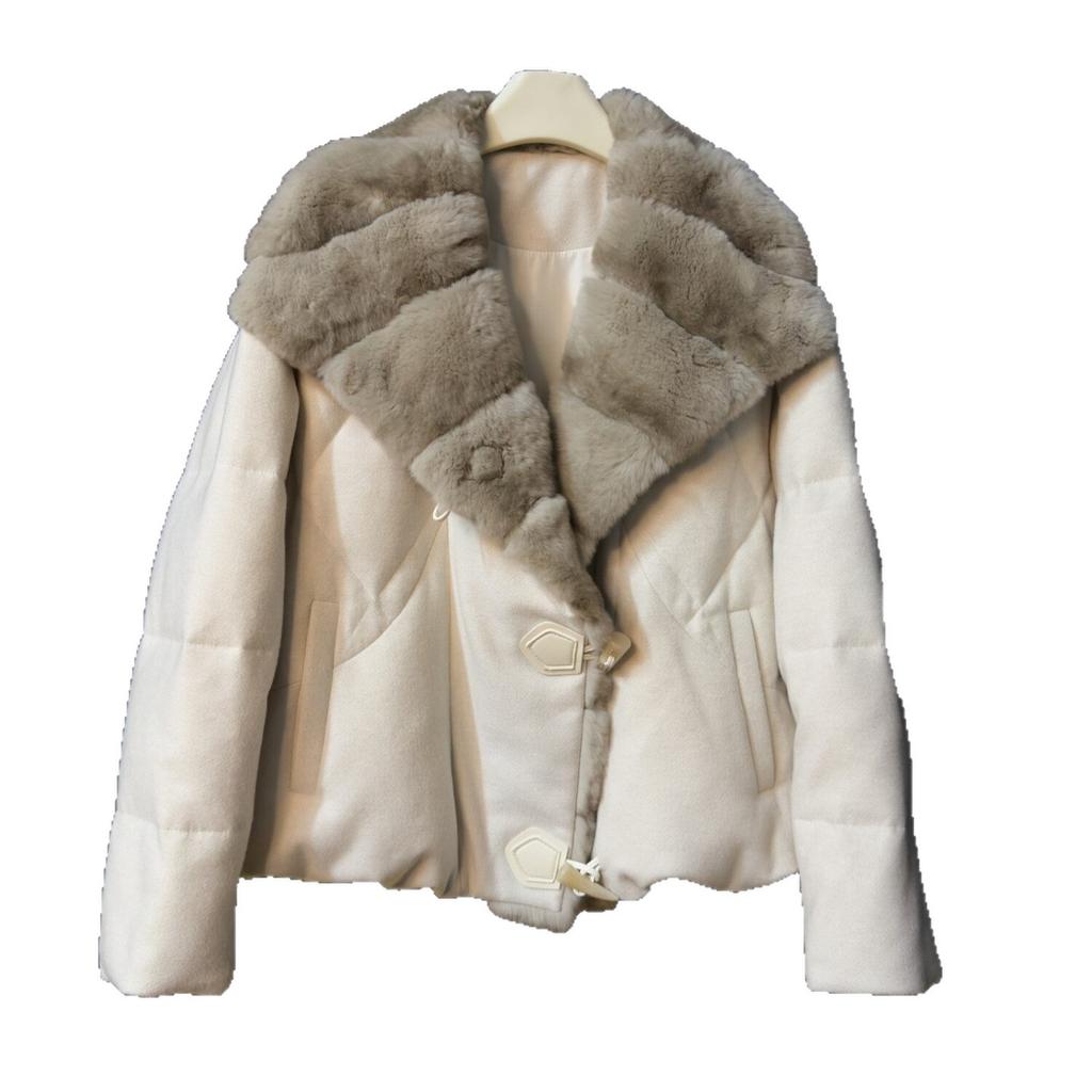 New Rex Rabbit fur collar short down jacket women's white goose down filled horn buckle design light luxury coat