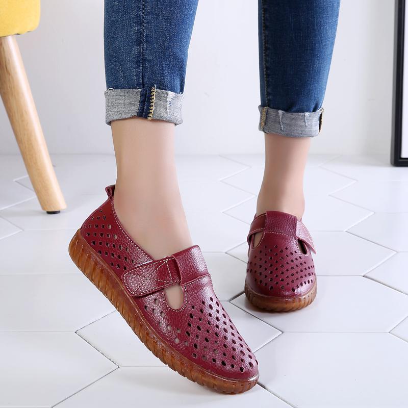 Fashion Women's Mother Female Genuine Leather White Shoes Sandals Loafers Moccasins Hook Loop Outdoor Cool Beach Summer Hollow