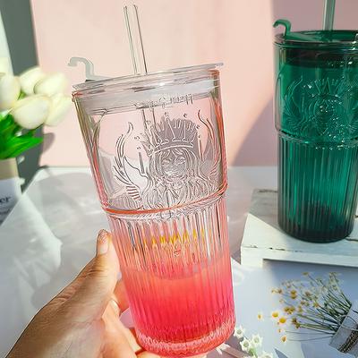 Velkokapacitní 600ml sklenice na kávu se slámkou, tmavě zelený model bohyně, pohár na vodu
