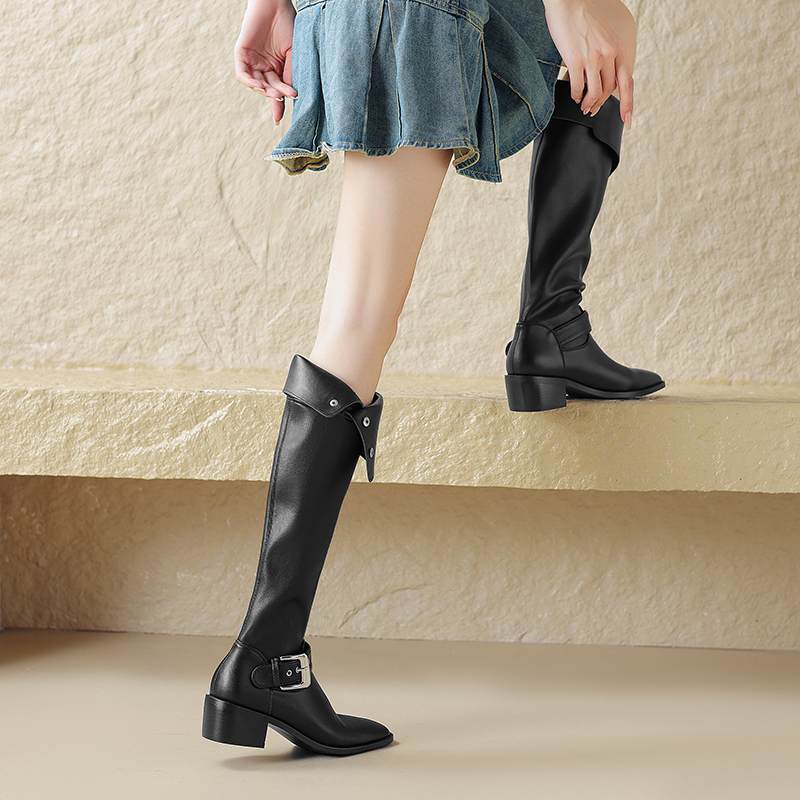 Krazing Pot Zapatos de Microfibra con Pelo Otoño Invierno Tacón Medio Grueso Botas de Montar Remaches Punta Cuadrada Mantener Caliente Botas Altas hasta la Rodilla