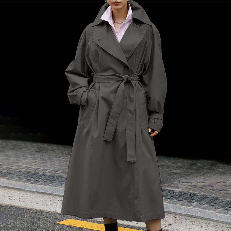 

Жіночий модний плащ з довгим рукавом та суцільним кольором, лацканами та поясом VONDA S сірий колір