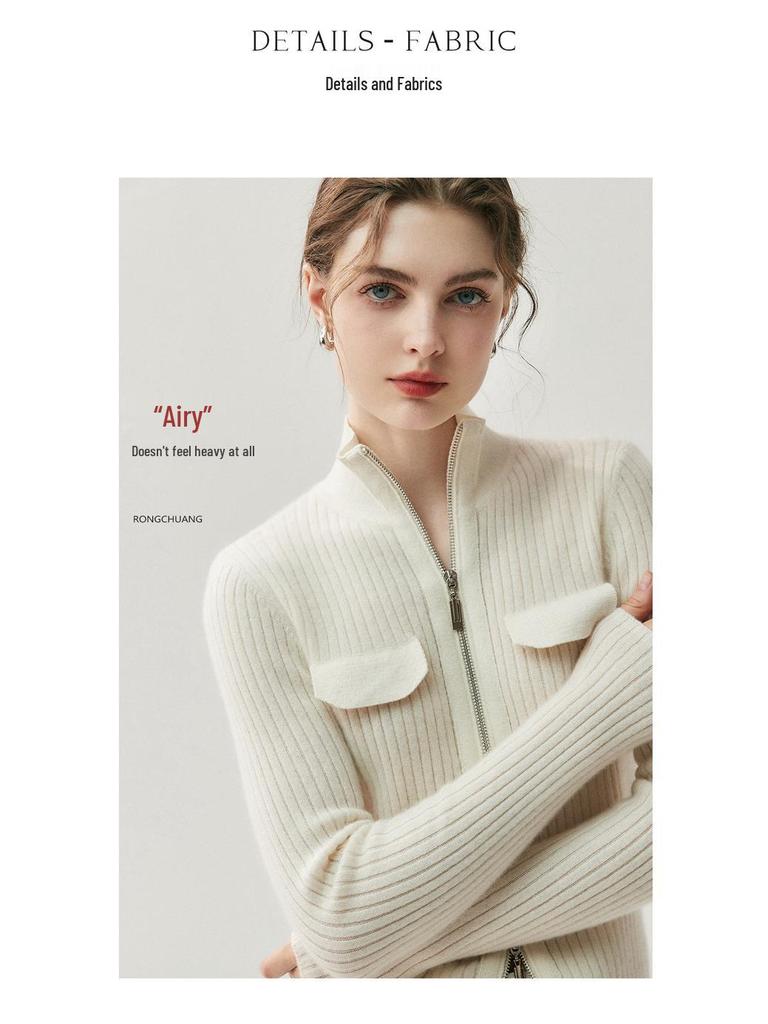 2025 Autumn/Winter Women's High Neck Cashmere Cardigan with Double-Head Zipper and Faux Pocket Detailing