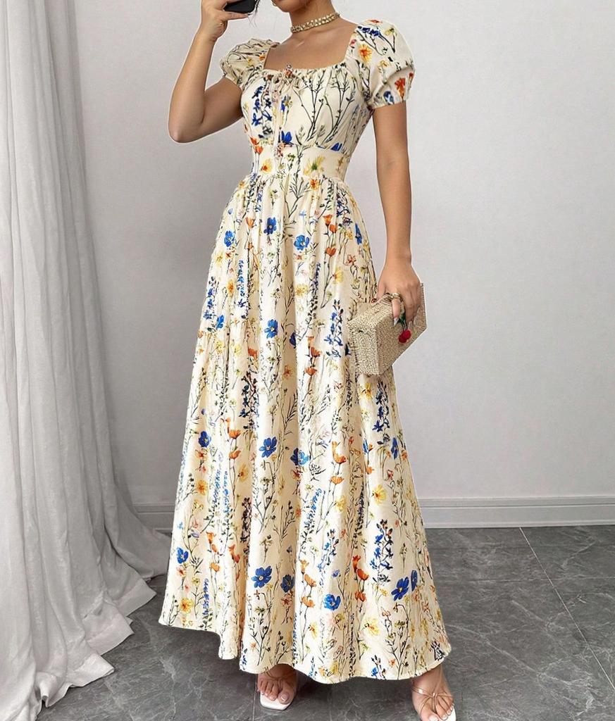New French Puff Sleeve Printed Dress for Summer In Europe and America