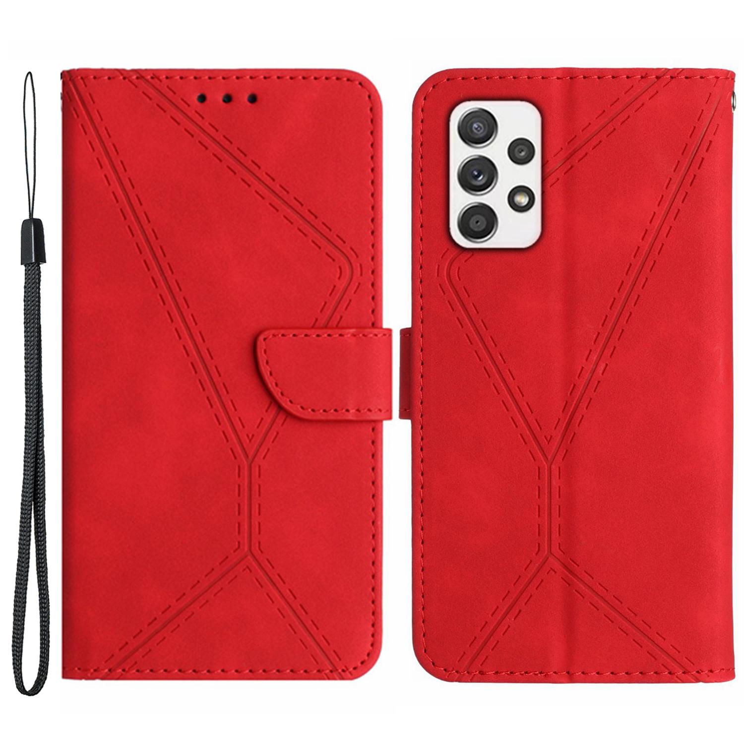 

HT05 For Samsung Galaxy A33 5G Cell Phone Wallet Stand Case Imprinted Line Leather Phone Cover Red