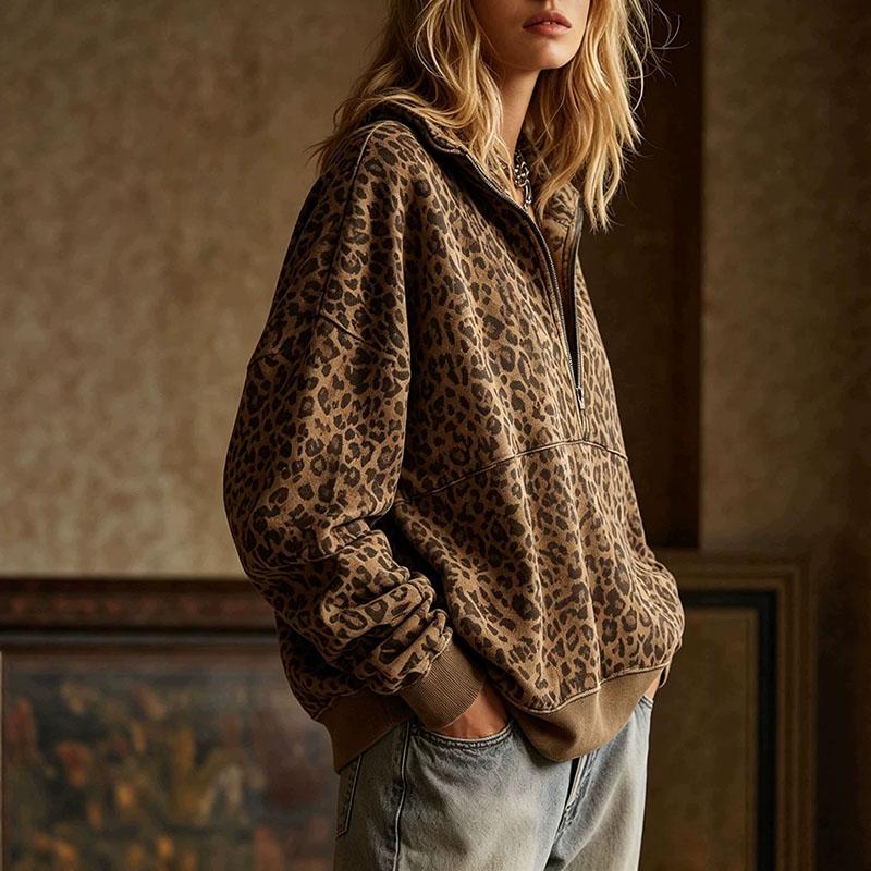 Leopard Print Half Zip Sweatshirt Female Fashion Stand Collar Long Sleeve Oversized Loose Pullover Sweatshirts Vintage Hoodies