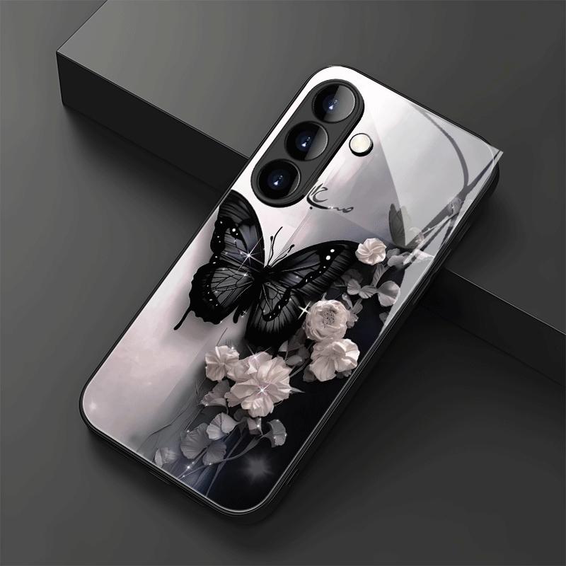Custodia in vetro per telefono con motivo a farfalla nera adatta per Samsung Galaxy S26 S25 S24 S23 S22 S21 S20 FE/Ultra/Plus