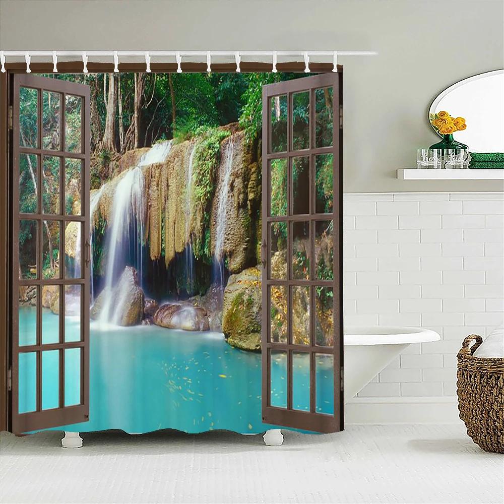 Bath Curtain 3d Printing Window Scenery Forest Shower Curtains 180*200cm Waterproof Bathroom Curtain Washable Fabric With Hooks