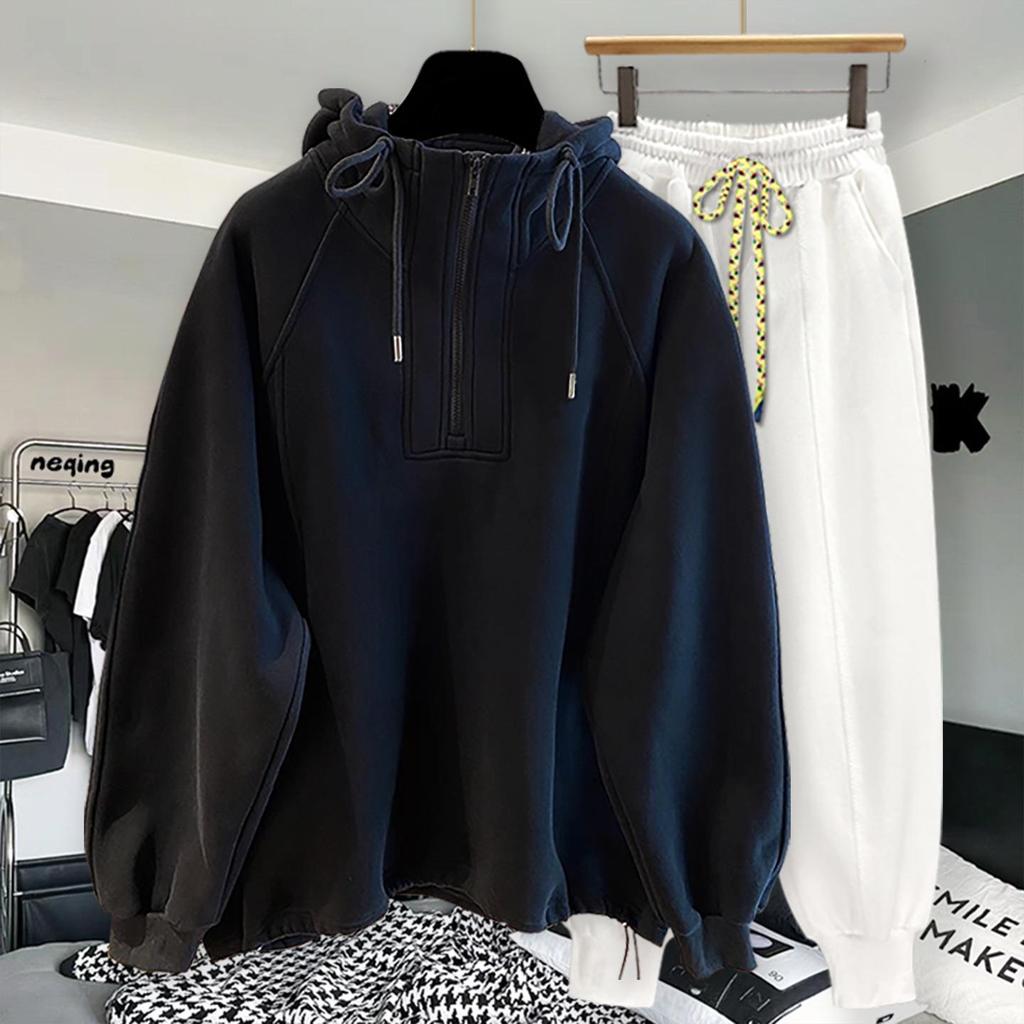 High-Quality Oversized Half-Zip Hoodie - Solid Color, Breathable Patchwork Design for Spring & Autumn